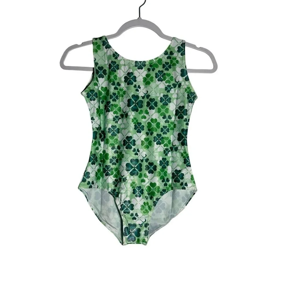 Lucky St Patrick's Green Clover Gymnastics dance Leotard Sparkle Shorts Set 160